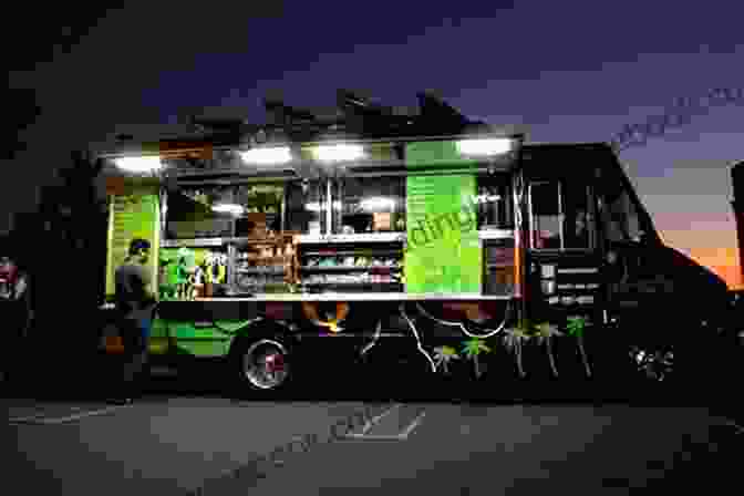 Food Trucks Lined Up At Night, Glowing With Colorful Lights And Smoke Billowing From Their Chimneys Food Truck Fest Alexandra Penfold